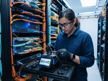Technical close-up of a certified network engineer in branded blue uniform splicing fiber optic cables inside a high-density server rack, cool blue status lights, sharp orange accents, clean daylight, 35mm.