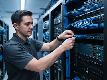 Professional IT technician carefully routing blue Cat6 ethernet cables in a clean corporate server rack, bright cool-toned lighting, sharp focus on hands