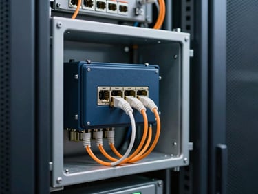 Technical close-up of heavy-duty industrial network installation, fiber optic termination box inside a protective metal enclosure on a factory wall, pristine cabling.