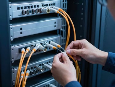 Close-up of a professional technician splicing fiber optic cables inside a clean, modern server room, high-fidelity equipment, cool blue lighting, 35mm