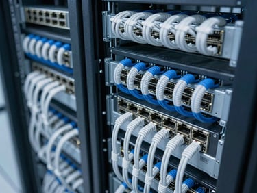 Clean overhead shot of high-end enterprise network switches and structured cabling neatly organized in a corporate data center, cool-toned lighting, sharp focus