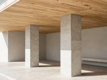 A boutique commercial interior, concrete columns, warm timber ceiling, soft natural light, minimalist aesthetic.
