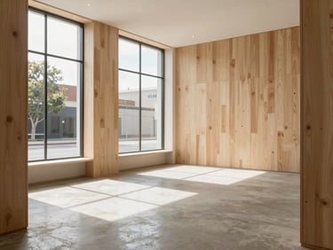Interior of a boutique commercial studio in Perth, polished concrete floors, raw timber joinery, soft natural light filtering through high windows, 35mm lens.