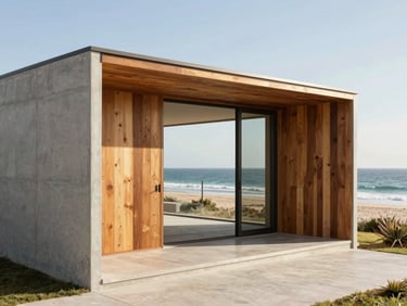 Wide shot of a minimalist coastal home in City Beach, raw concrete walls, warm timber cladding, overlooking the Indian Ocean, bright daylight, 35mm lens.