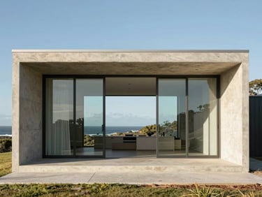 A minimalist coastal home exterior, raw concrete and glass, bright Western Australian daylight, wide environmental shot.