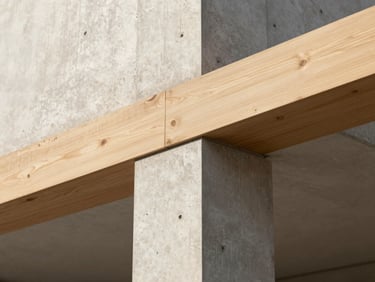 Close-up detail shot of a timber and concrete architectural joint, sharp focus, luminous morning light.