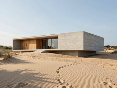 Wide environmental shot of a minimalist concrete and timber residence on a sandy dune, sharp architectural lines under bright morning sun casting clean shadows