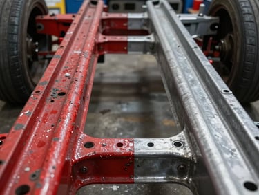 Head-on before/after of an automotive chassis rail — left half showing thick red anti-rust paint and scale, right half revealing bare steel with clean laser-stripped surface, overhead shop lighting, tight documentary framing