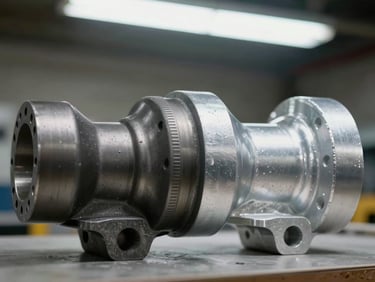 Head-on before/after comparison of an aerospace aluminum turbine bracket — left half with oxidized grey primer coating, right half showing bare aluminum after laser ablation, overhead fluorescent shop lighting, macro framing showing surface texture clearly