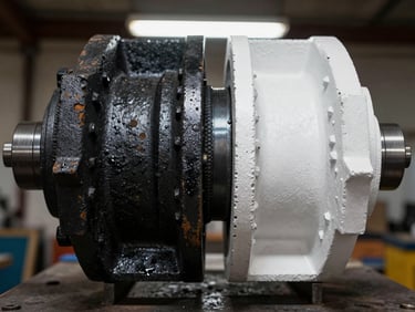 Head-on before/after of an industrial cast-iron machine part — left half with thick black industrial coating and corrosion, right half showing clean bare metal after laser ablation, workshop overhead lighting, head-on documentary macro shot