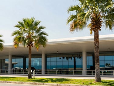A clean modern airport terminal exterior with tropical palm trees under bright sunlight, warm editorial style