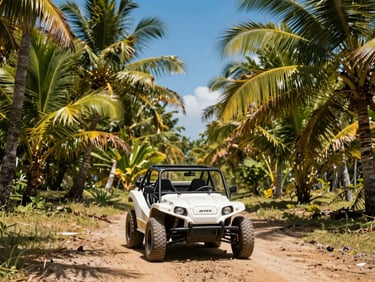 An off-road buggy parked on a muddy trail surrounded by dense tropical palm trees, bright sunlight, warm tones