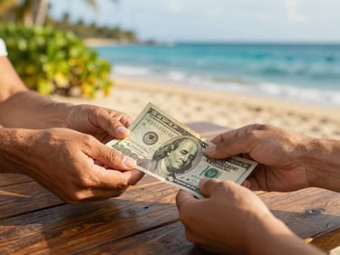 A close-up of hands exchanging Dominican pesos and US dollars on a wooden beach table, warm golden hour lighting