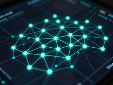 Macro close-up of a dark-mode cyber threat map interface, glowing neon cyan network nodes, electric teal active data streams, high contrast, low-key lighting.