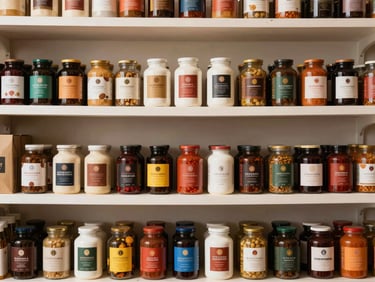 Neatly organized shelf section showing recognizable African and Caribbean heritage brand products, clean, warm natural daylight.
