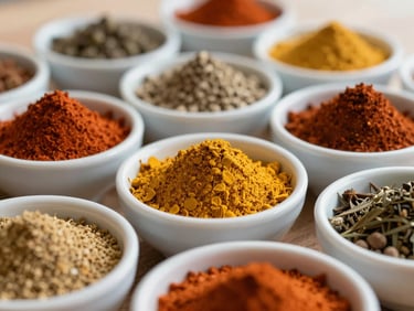 Close-up of various colorful African and Caribbean spices in small bowls, warm natural daylight, shallow depth of field.