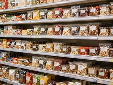 Clean, well-lit shot of grocery shelves, neatly organized with various packaged dry goods and heritage brands, warm natural daylight, wide shot