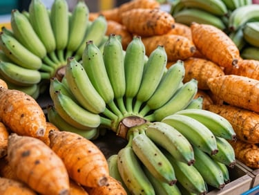 Vibrant display of fresh produce like green plantains and orange yams, warm natural daylight, clean, shallow depth of field.
