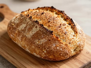 Golden brown, crusty loaf of hard dough bread on a rustic wooden board, warm natural daylight, shallow depth of field