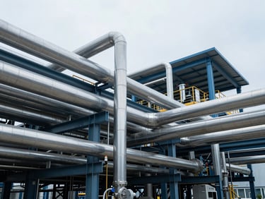 Intricate network of pipes and electrical conduits in a modern industrial facility, metallic accents, cool lighting, wide-angle.