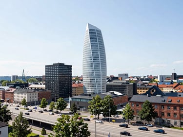 Cityscape of Malmö, Sweden, with the Turning Torso building prominent, under bright daylight, wide shot.