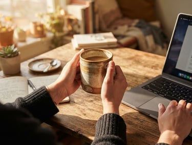 Hands holding a warm, heavy-bottomed Mart Plaza stoneware mug next to a sleek laptop on a wooden desk, direct afternoon sunlight creating cozy shadows.