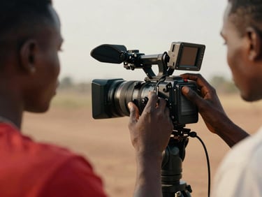 Gros plan sur les mains d'un chef opérateur ajustant une caméra professionnelle sur un plateau de tournage en Guinée, lumière dorée du soleil couchant.