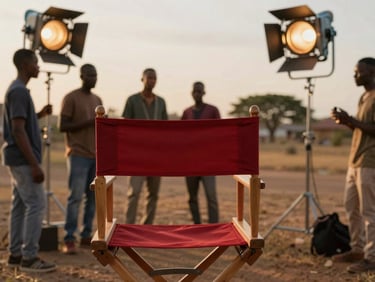 Guinean film crew setting up lights on a vibrant outdoor set, golden hour, deep red director's chair in foreground, 35mm film look.