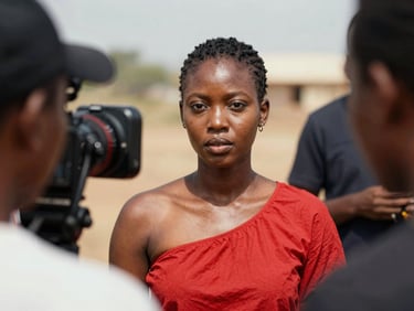 Portrait expressif d'une actrice guinéenne sur un plateau de cinéma, regard intense, lumière douce et naturelle. Elle incarne la force et la grâce.