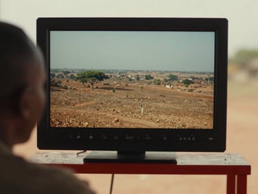 A film director reviewing footage on a monitor with a scenic Guinean landscape in the background, warm editorial photography, deep red accents, 35mm film look.