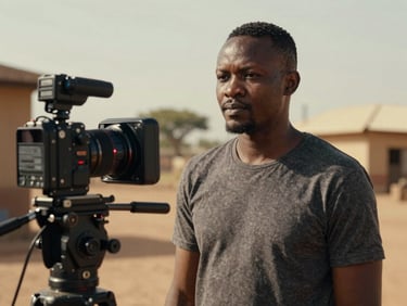 Portrait d'un réalisateur guinéen en plein tournage, lumière naturelle chaude, profondeur de champ cinématographique. Il regarde vers l'objectif avec assurance.