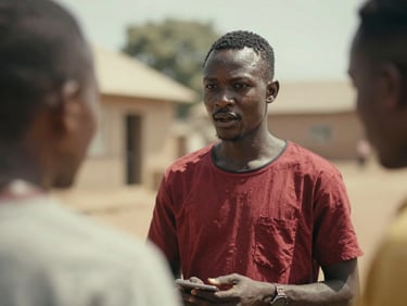 A young Guinean actor receiving direction on a film set, natural West African sunlight, focus on expression, deep red accents in costume, cinematic depth of field.