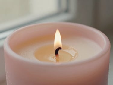 Macro close-up of warm melted wax in a hand-poured candle, soft golden reflections, flickering wick, shallow depth of field, muted pastel pink tones, 35mm