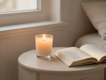 Cozy bedside table setup with a burning soy candle, a book open, soft flickering candlelight, warm golden hour, muted pastel tones, 35mm