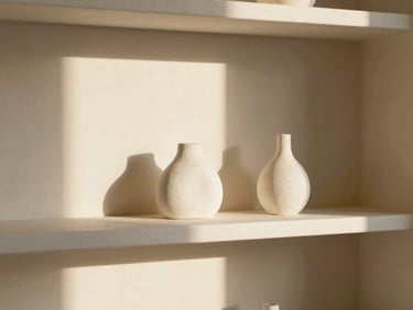 Minimalist interior shelf styled with sculptural white plaster decor pieces, soft sunlight filtering through a window, elegant shadows, warm cream tones, 35mm