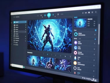 Angled close-up of a vibrant web game interface on a high-end monitor, dark room, subtle neon blue glow, sleek tech photography, 35mm