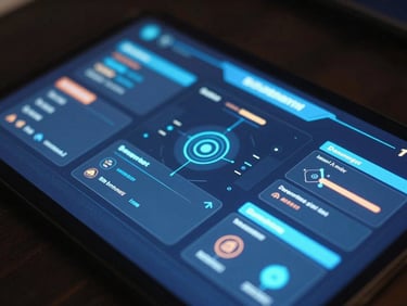 Close-up of a high-performance interactive web game interface, vibrant neon elements, dark room screen illumination.