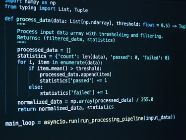 Macro shot of clean, well-structured code on a high-resolution screen with neon blue ambient glow, 35mm