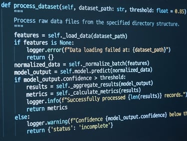 Extreme close-up macro of clean well-structured code on a high-resolution display, cool-toned studio lighting, subtle neon blue ambient glow, dark slate tones, 35mm