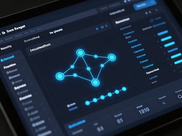 Sleek financial dashboard interface mockup on a dark screen, neon blue data nodes, high contrast, clean UI layout.