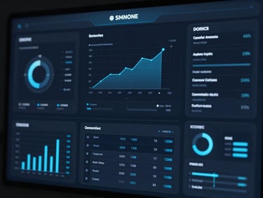 Sleek dark interface mockup of a data dashboard on a screen, cool blue ambient light, high-contrast digital interfaces, macro lens, 35mm