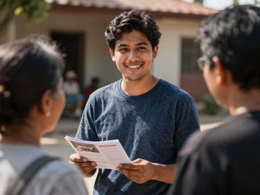 A candid medium shot of a young man with a warm smile talking to a neighbor on a sunny day, holding a civic brochure, natural outdoor lighting.