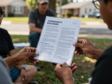 Close-up of hands holding a clear, printed community guide during an outdoor neighborhood meeting, warm natural daylight.