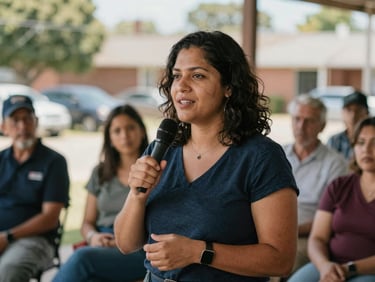 A candid portrait of a confident woman speaking at a neighborhood town hall meeting, natural daylight, warm documentary style.