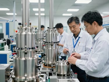 Clean factory assembly floor with engineers inspecting stainless steel RO components, bright industrial lighting, focus on precision.