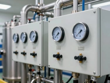 Close-up of industrial RO plant control panel with digital flow meters, polished stainless steel pipes, clean bright factory lighting.