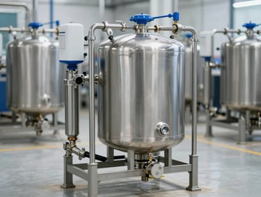 Medium shot of a water softener system with brine tank, clean factory assembly floor, polished stainless steel, high detail, 35mm.