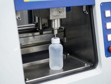 Close-up of a PET bottle preform injection molding machine in operation, glowing buttons, industrial setting, sharp detail, 35mm.
