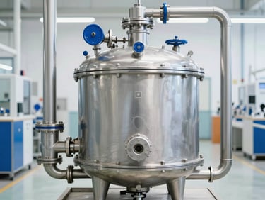 Straight-on medium shot of an iron removal filter vessel with visible piping, bright industrial studio lighting, high detail, 35mm.