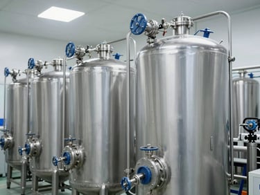 Technical shot of a DM water plant with ion exchange resin tanks, clean bright factory lighting, polished stainless steel, high detail, 35mm.